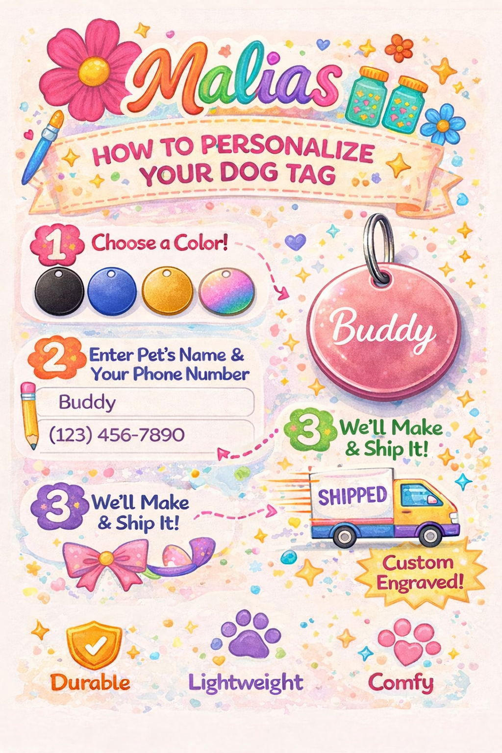 Personalized Round Pet ID Tag | Custom Dog & Cat Name Tag | Malias By Ilo