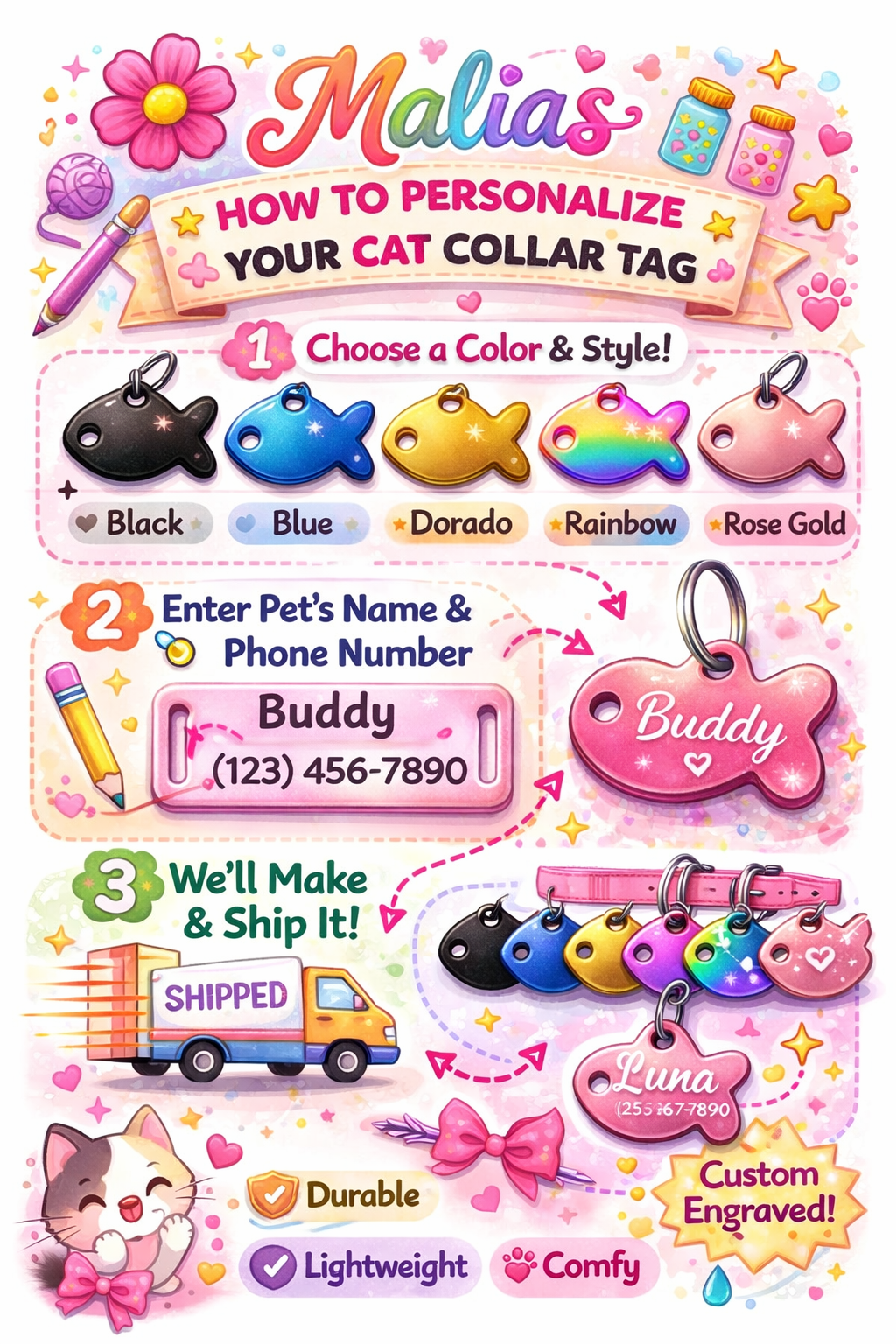 Illustration of a cat collar tag customization service with colorful designs and text.