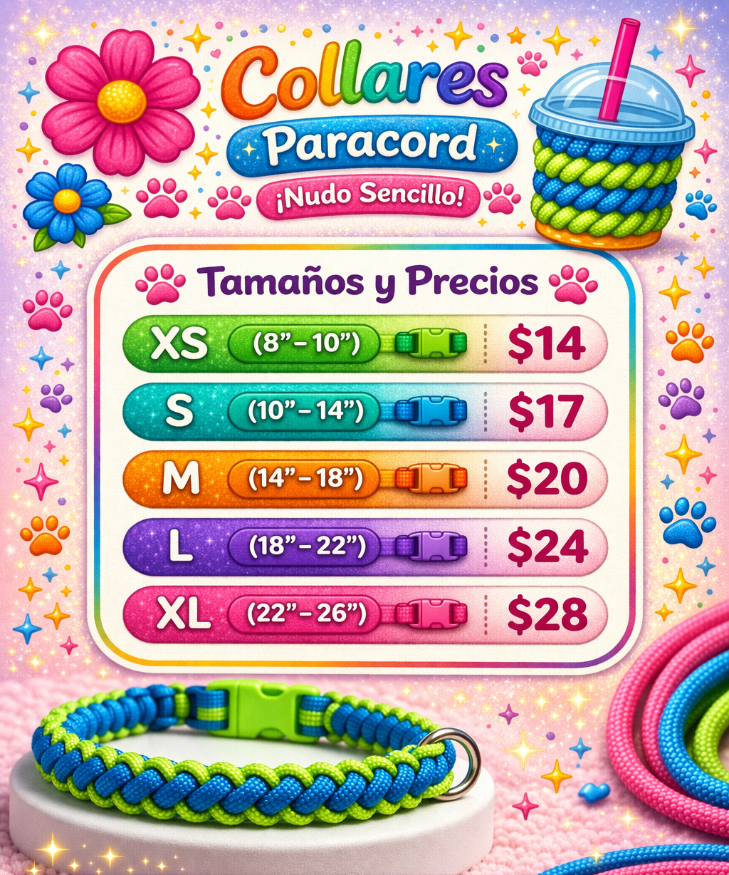 Colorful Paracord collar pricing chart with various sizes and prices on a pink background.