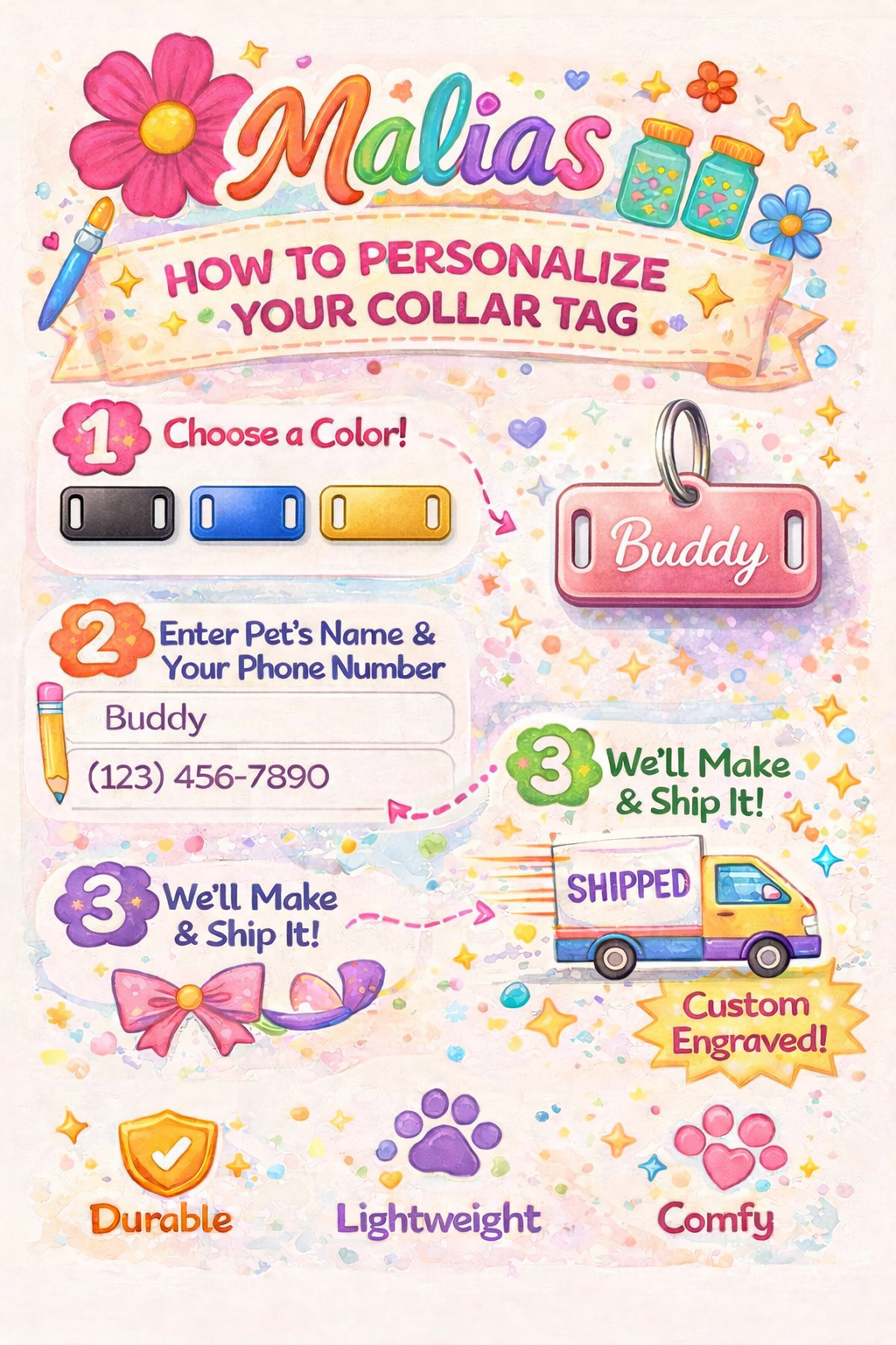 Instructions for personalizing a pet collar tag with colorful graphics and text.