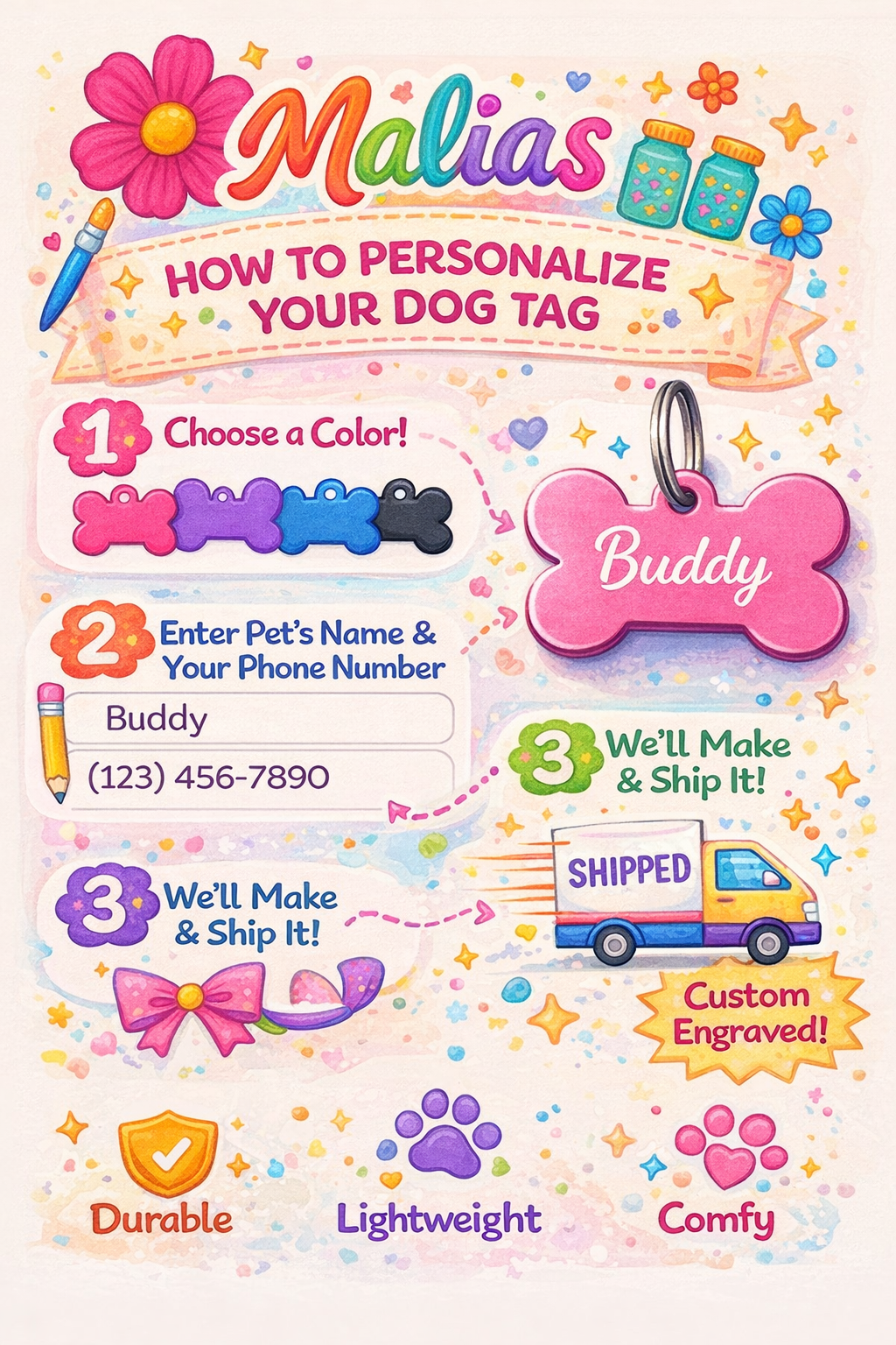Instructions for personalizing a dog tag with colorful graphics and text.